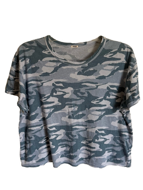 Revolve Monrow Blue Short Sleeve Camo Boxy Crop Top T-Shirt Cotton Size Large